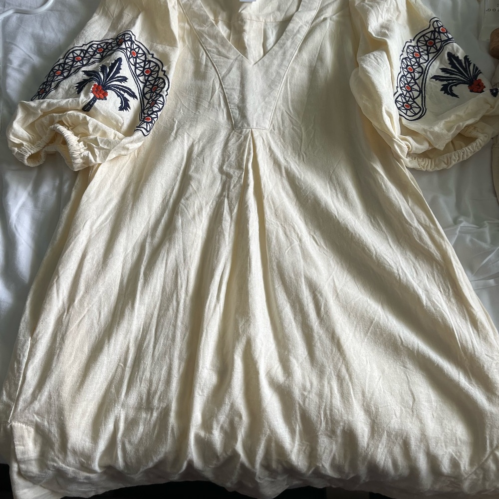 Cream Embroidered Puff Sleeve Dress